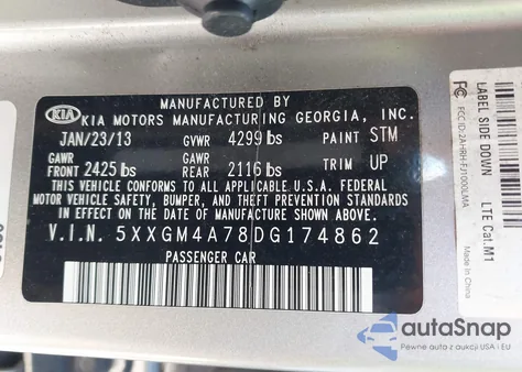 2013 Kia Optima Lx z USA, uszkodzony, nr VIN 5XXGM4A78DG174862
